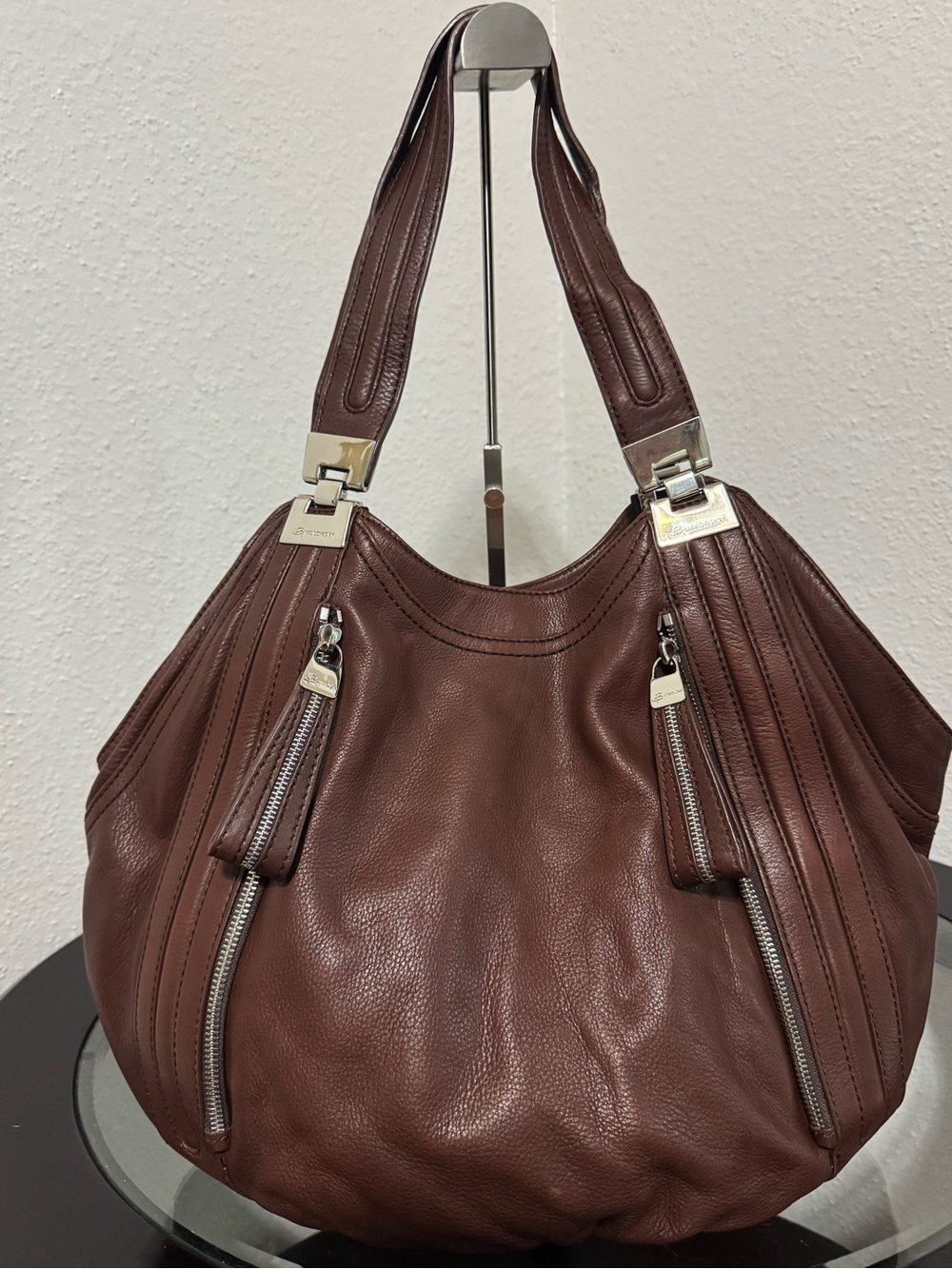b. makowsky Chocolate Brown Pebbled Leather Hobo